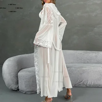 Luxury Mesh Hooded Long Robe Kimono Bathrobe Gown Spring Summer New Female Sleepwear Night Dress Loose Satin Homewear Nightgown