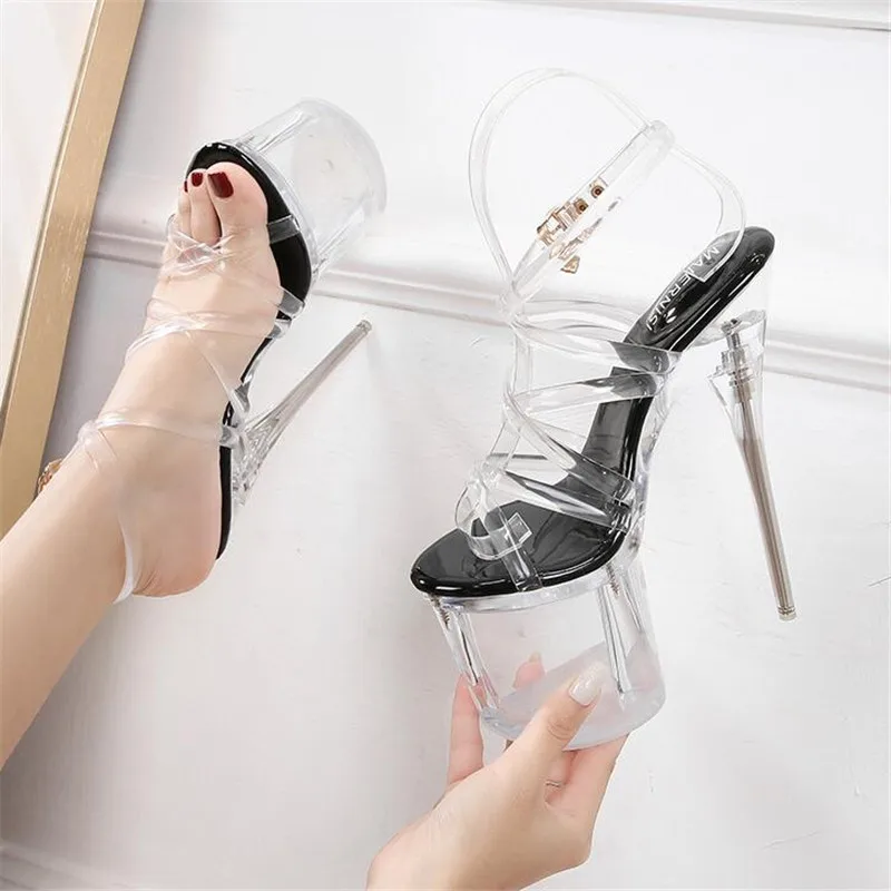 

Summer 2022 Women's Shoes 19cm Thin Heels Slippers Clear Buckle Sandals Transparent Platform Model Catwalk Fetish Ballet Pumps