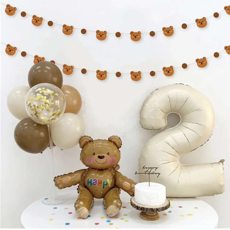Ins Retro Brown Bear Paper String Baby Birthday Party Background Wall Layout Paper String Ornaments Pull Flowers Party Supplies