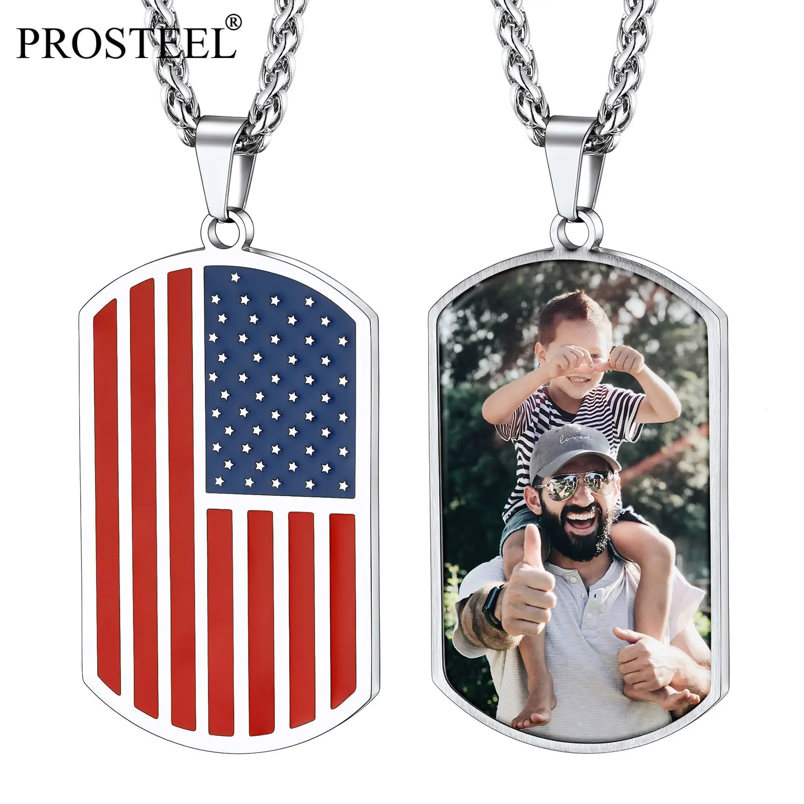 

PROSTEEL American Flag Dog Tag Custom Photo Pendant Necklace for Men Women Fashion Stainless Steel 18K Gold Plated Necklaces