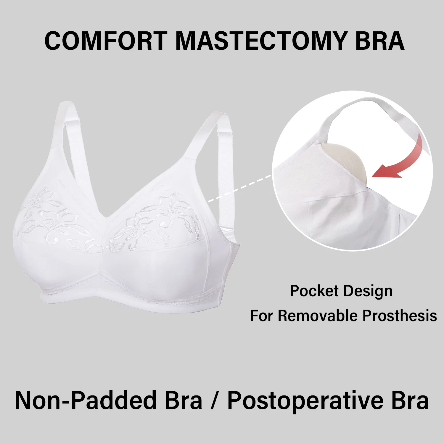 Women's Cotton Mastectomy Pocket Bra Plus Size Full Coverage Embroidered Support Wire Free