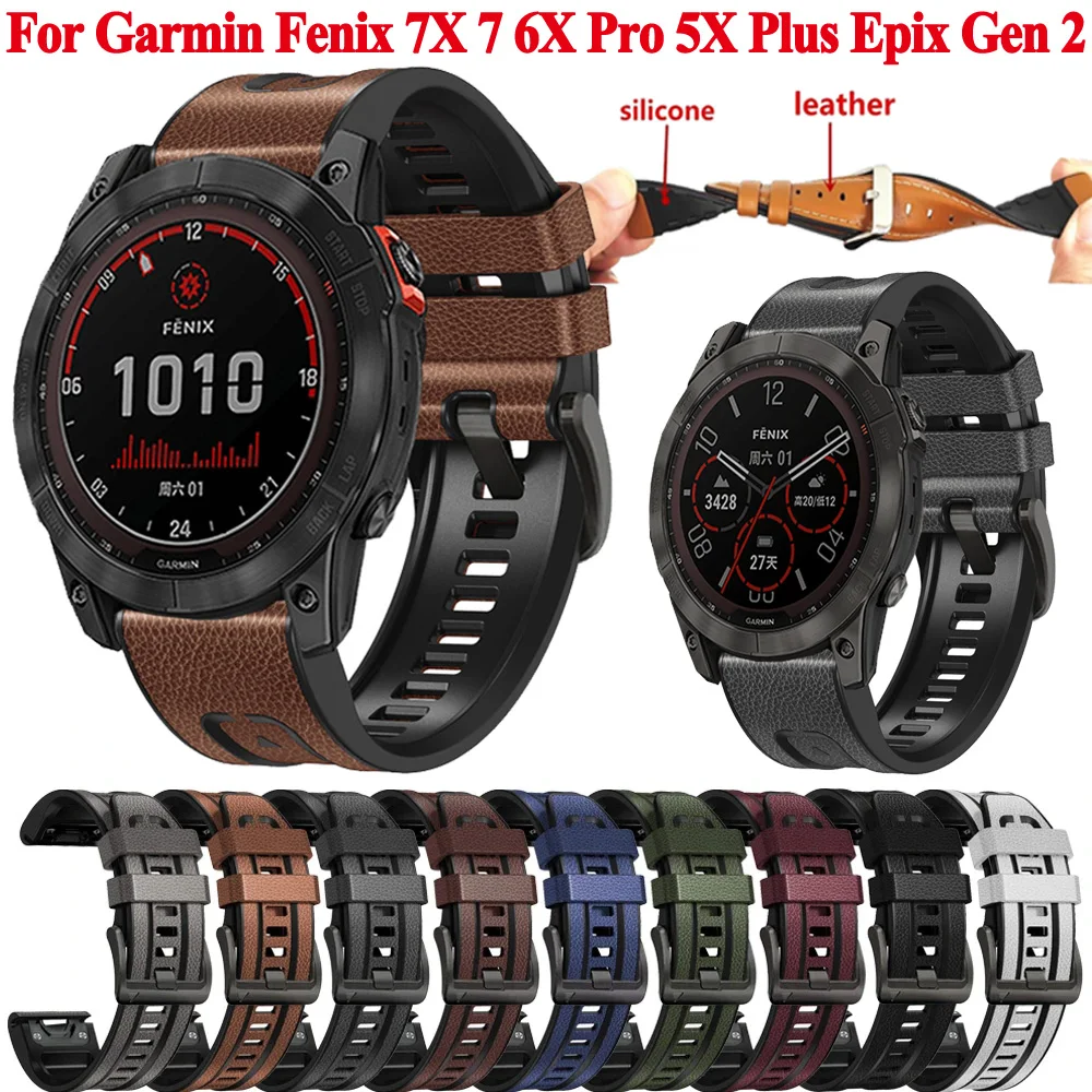 Silicone Leather Watch Band QuickFit 22mm 26mm For Garmin Fenix 7X 7 6 6X Pro 5 5X Plus 3 HR