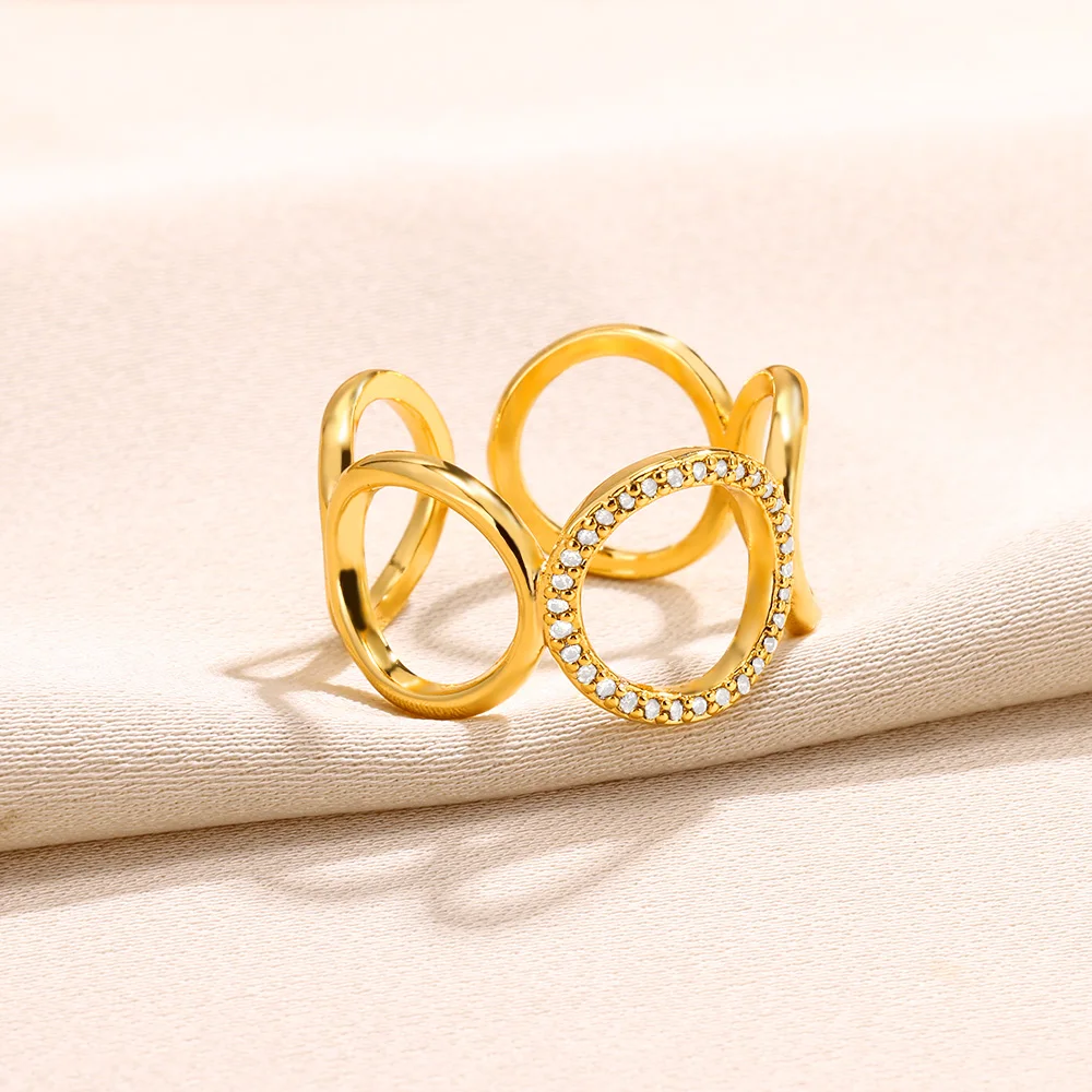 2023 Rings for Women Geometric Round Zircon Open Charm Ring Punk Couple Vintage Gold Color Stainless Steel Wedding Jewelry Gift