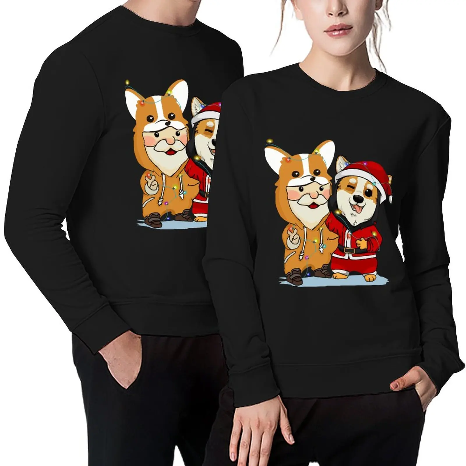 

Cotton Corgi And Santa Claus Friends Corgi Christmas Light Men Casual Thickened Adult Fleece Crewneck Sweatshirt Loose Pullover