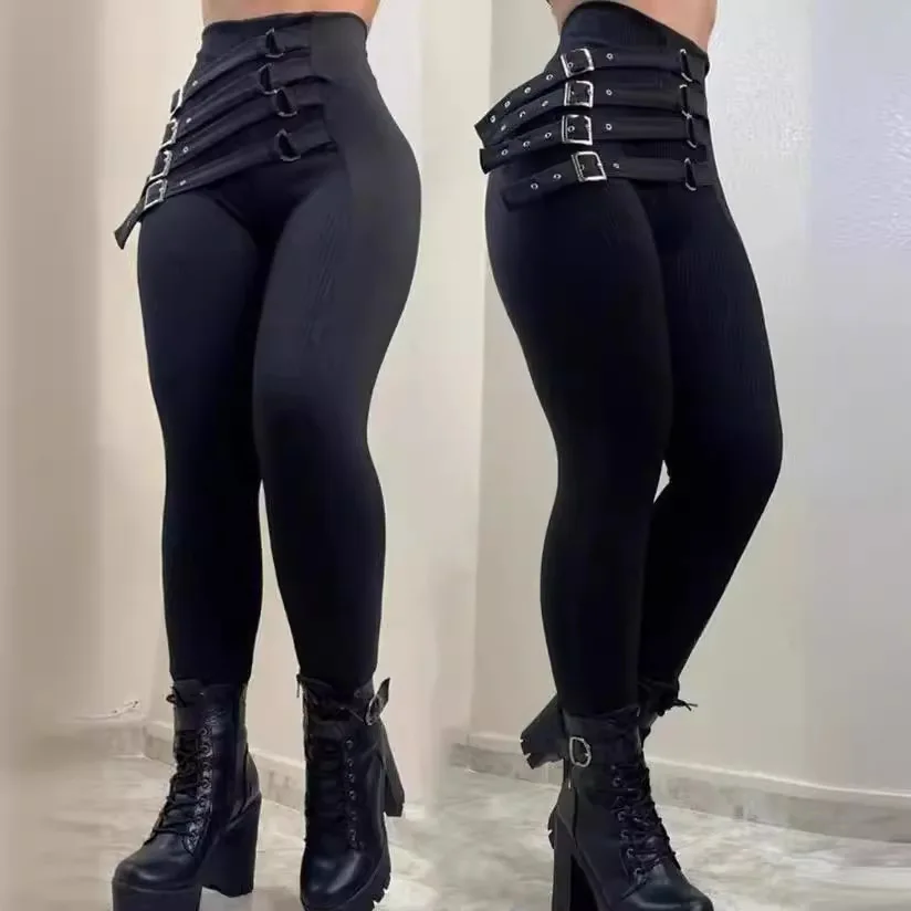 Fashion Women's High Waist Buckled Skinny Pants Casual Pencil Slim Fashion Casual Sexy Leggings Pants Trousers Y2k 2024 y2k clothing dresses for women 2023 autumn new fashion and sexy hanging neck eyelet buckled pu leather bodycon dress streetwear