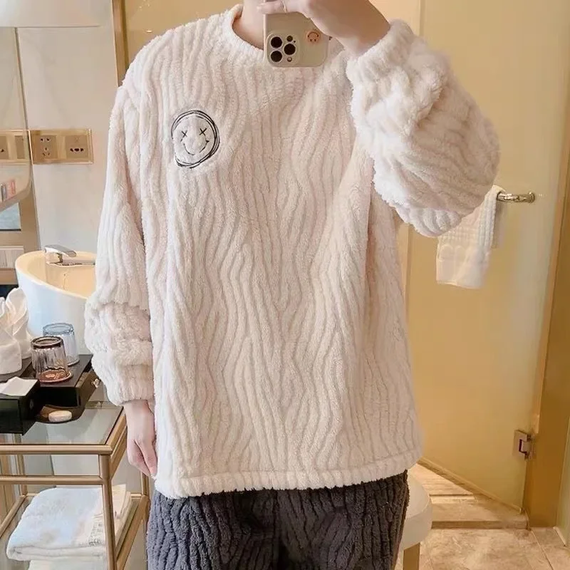 Pajama Set Men Autumn Winter Thickened Fleece-lined Long Plush Korean Style Home Clothes Two-piece Suit