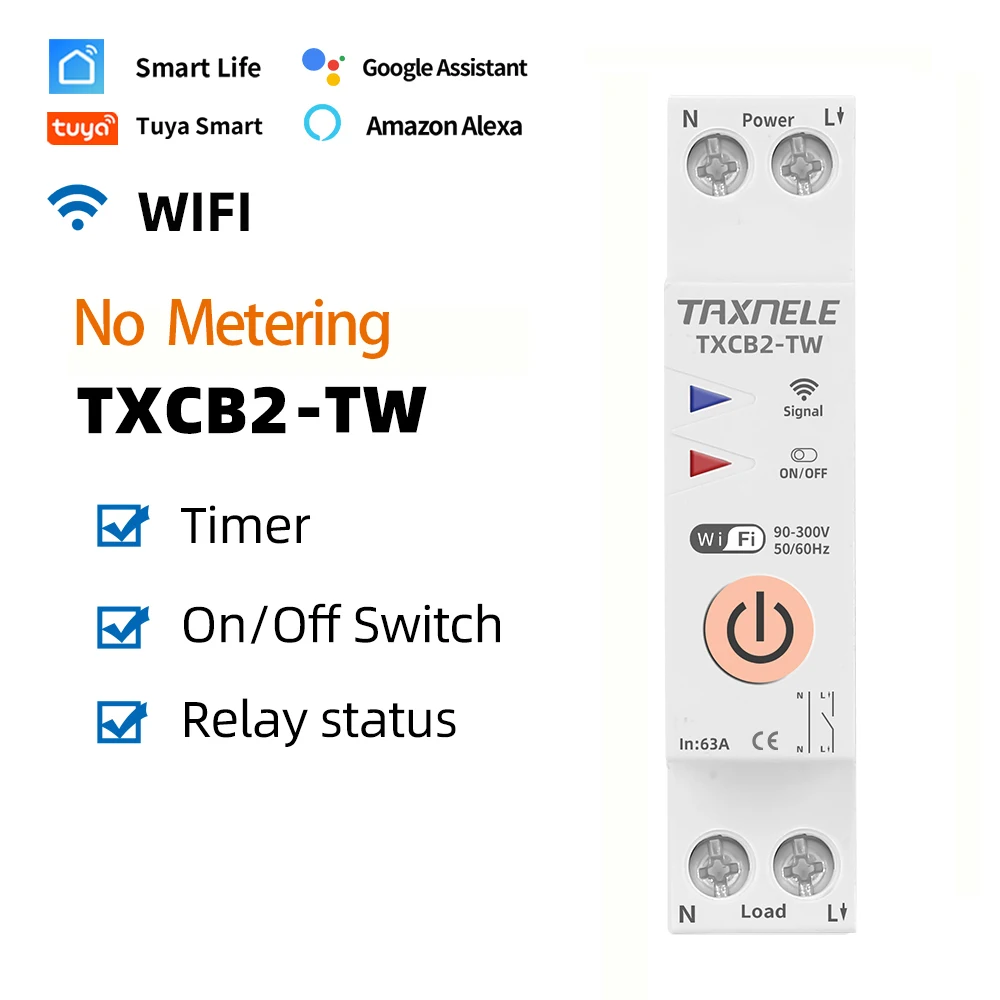 TUYA WIFI Smart Circuit Breaker Power Metering Energy Meter KWh 1P 63A Smart Life Remote Switch Timer Voltage Current Protect