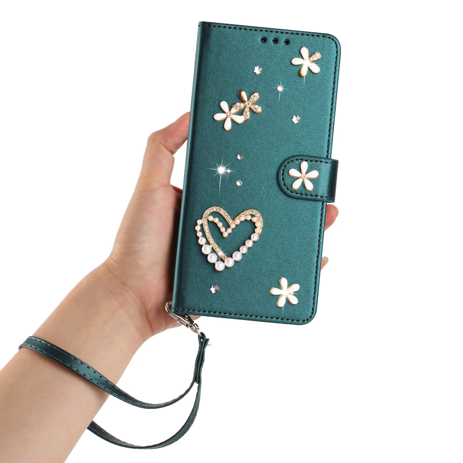 Sparkling Jeweled Leather Phone Case with Lanyard and Cardholder Wallet