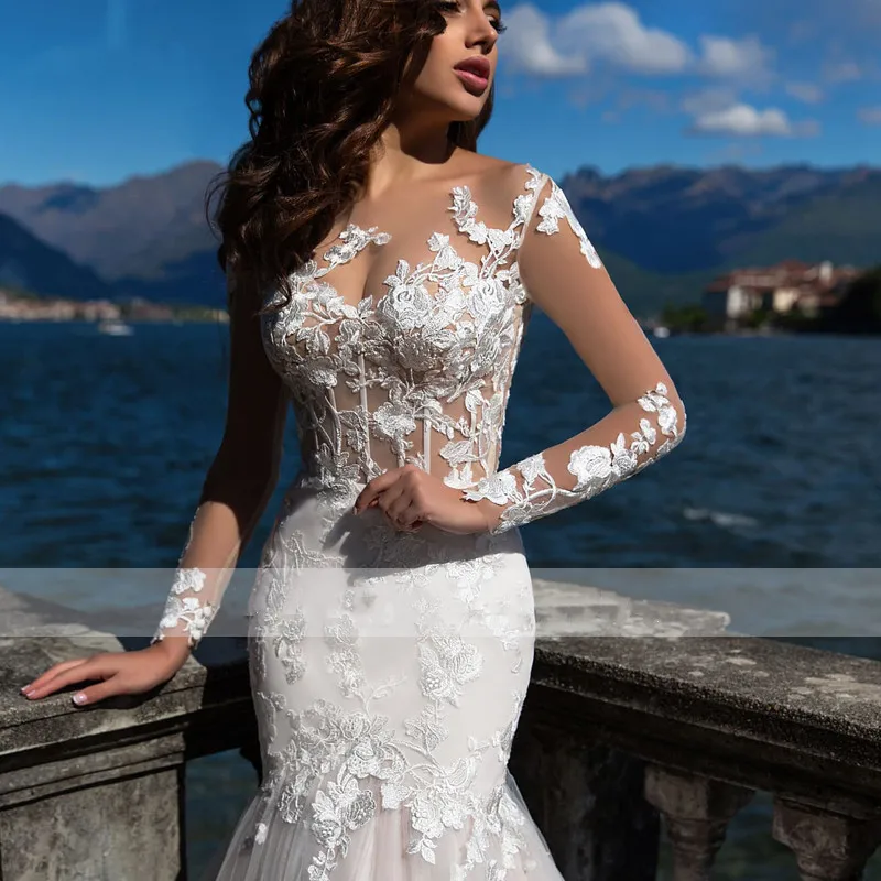 Charming Lace Wedding Dresses Appliques Full Sleeves Floor-Length Robe Mermaid Bridal Dress Sexy Tulle 2024 Vestidos De Novia