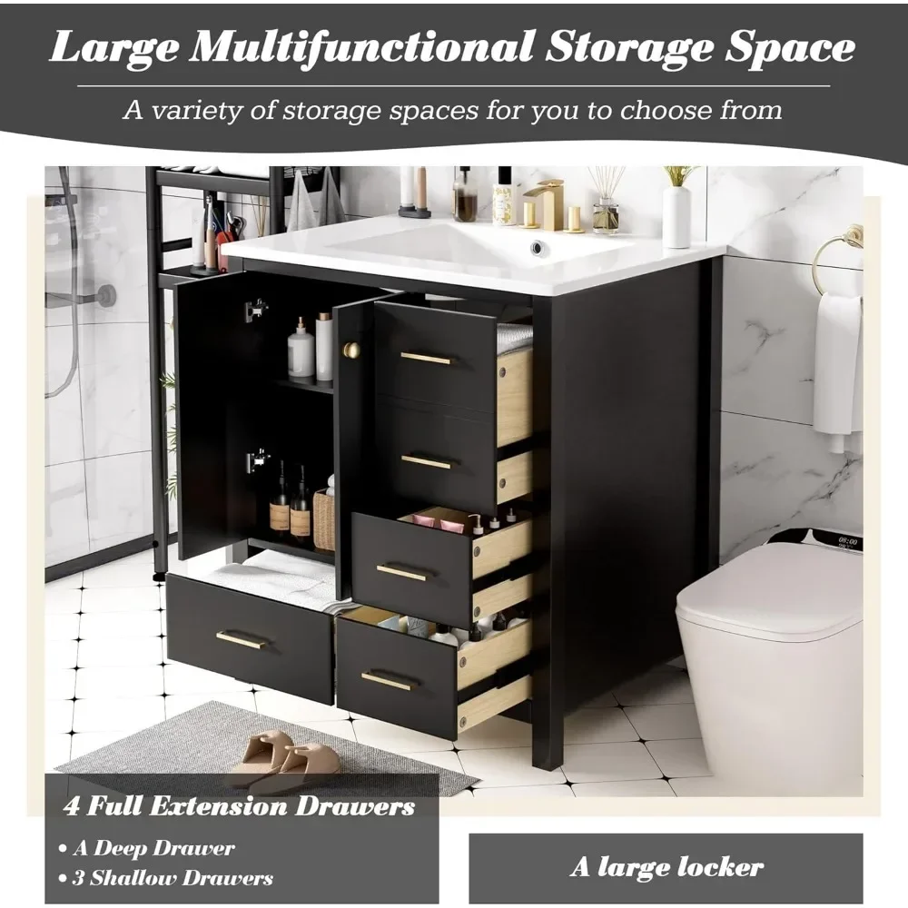 30" Bathroom Vanity , Modern Bathroom Sink Cabinet with 2 Doors and 4 Drawers,  with Undermount Resin Sink, Black 4