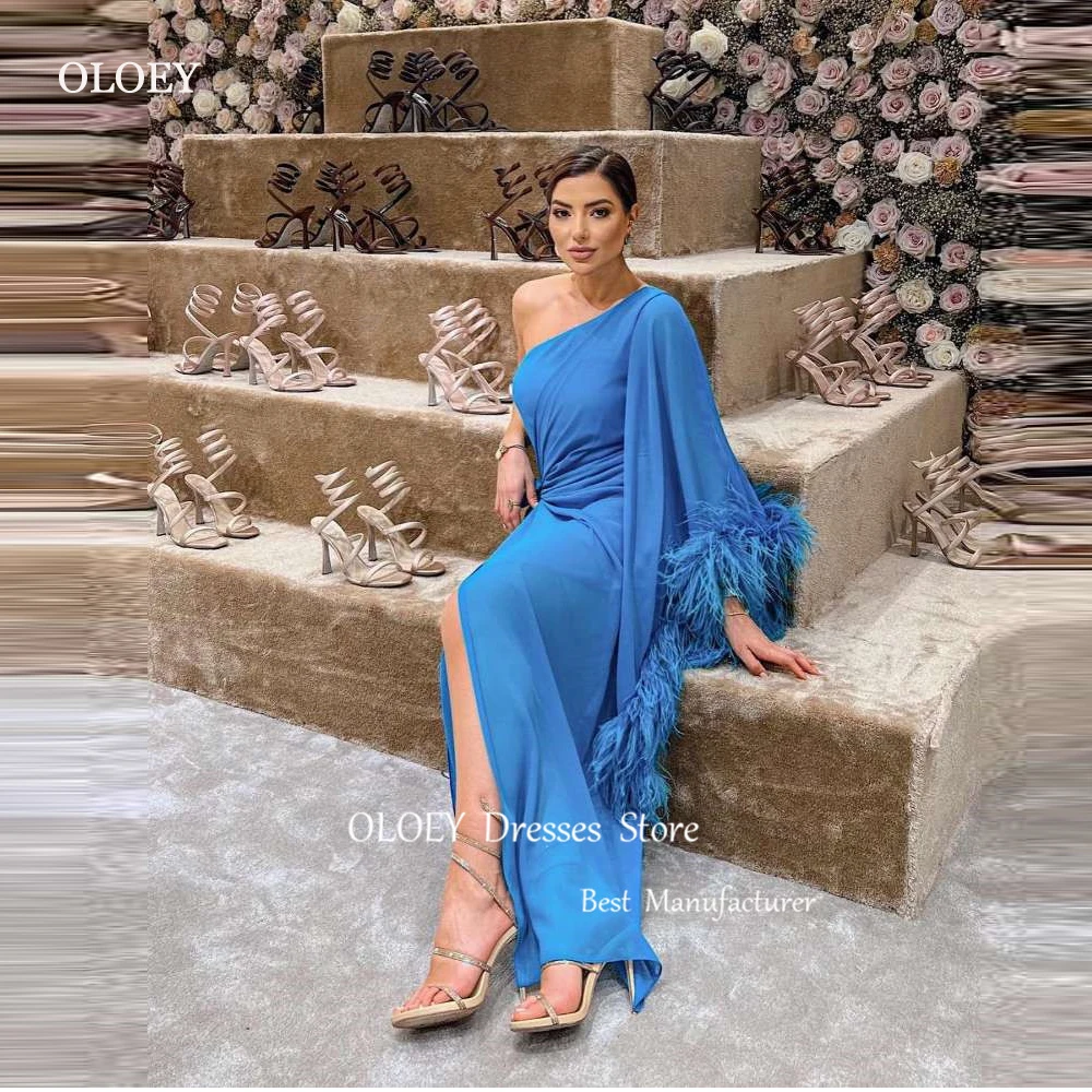 

OLOEY Luxury Feathers Long Sleeve One Shoulder Blue Evening Formal Dresses Wedding Party Silk Chiffon Dubai Arabic Prom Gowns