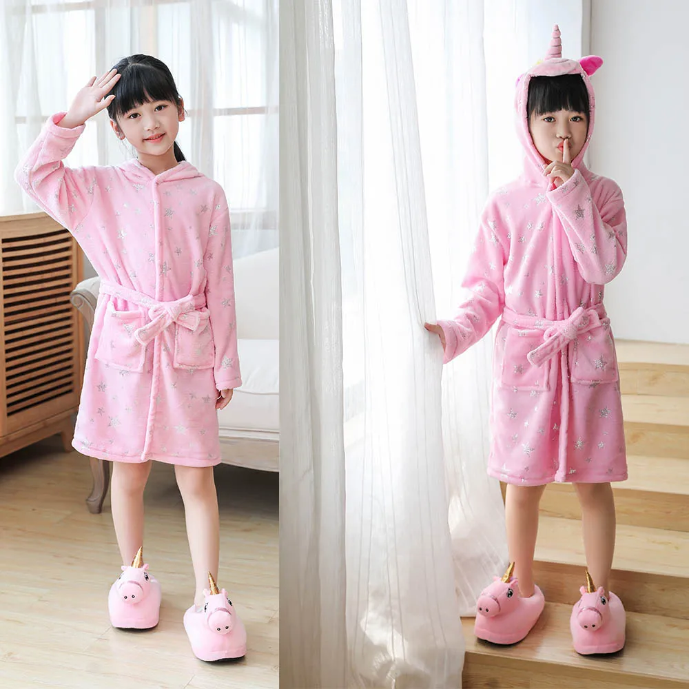 4 6 8 10 12 Y Baby Girls Robe for Kids Pajamas Girl Nightgown Unicorn Bath Robes Winter Warm Purple Rainbow Hooded Sleepwear Pjs child bathrobe kids robe