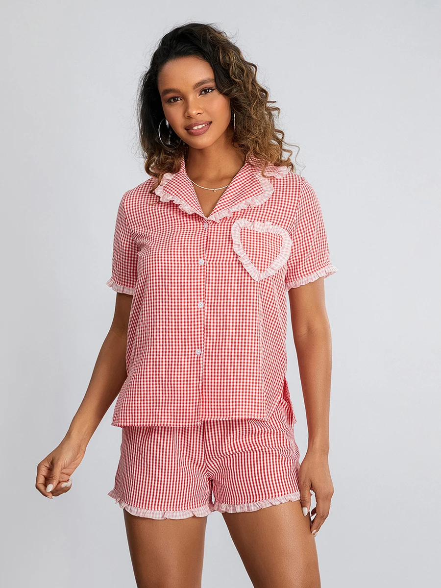 

Пижамный комплект женский из 2 предметов, милая клетчатая рубашка с коротким рукавом в клетку и полоску, на пуговицах, шорты для отдыха, сочетающаяся Пижама