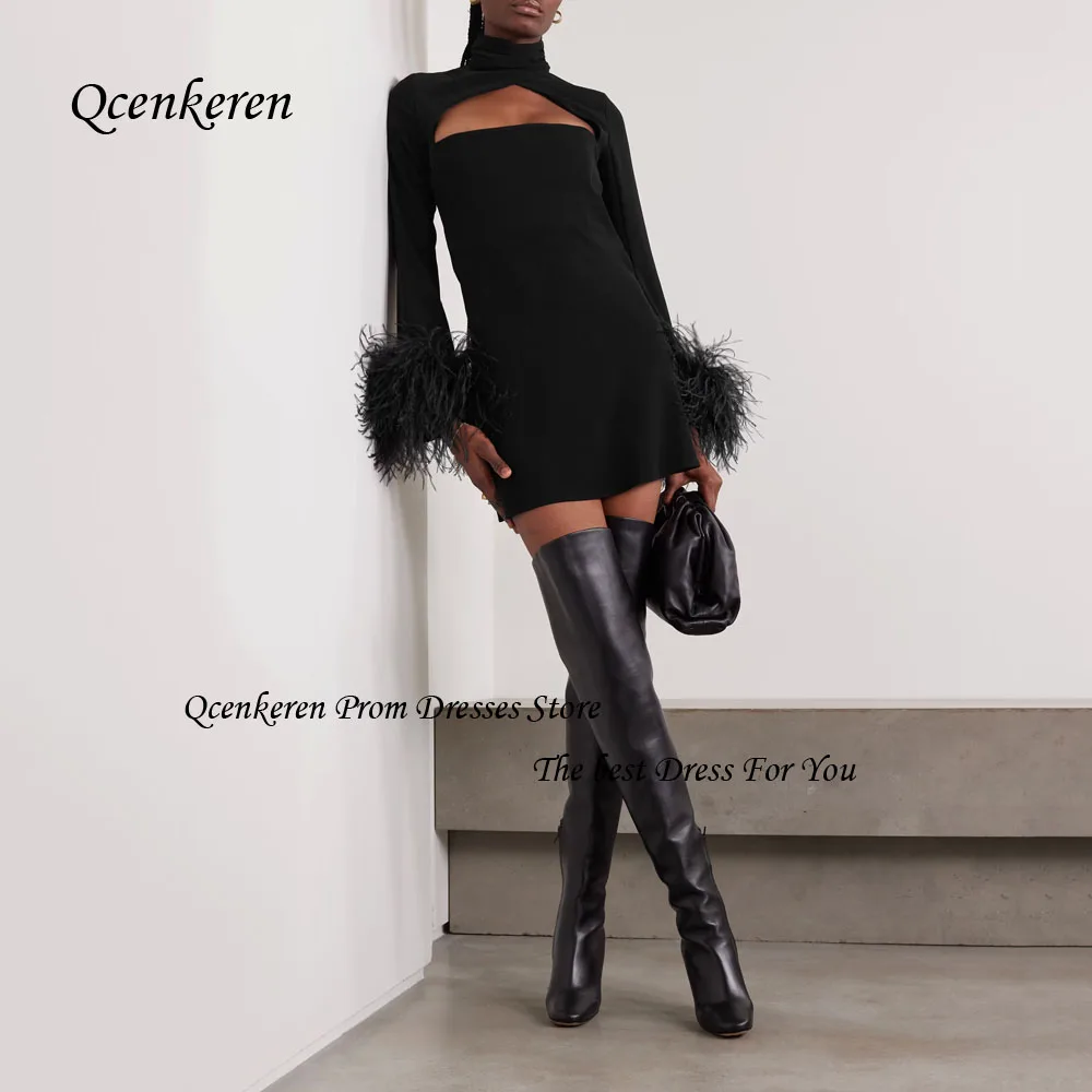 

Qcenkern, черное платье на бретельках для выпускного вечера, креп, Русалка, официальное вечернее платье длиной до колена, с перьями, с длинным рукавом, искусственное дубайское великолепное платье