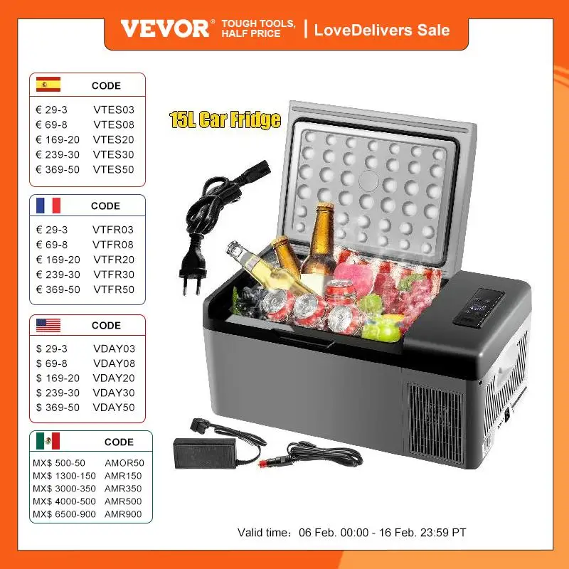 Vevor Frigoriferi Auto Per Viaggi Picnic, 15/50L Frigoriferi Portatile Elettrico, 45 W Mini Frigo Auto All'Aperto Campeggio, Grigio E Nero Frigo Freez