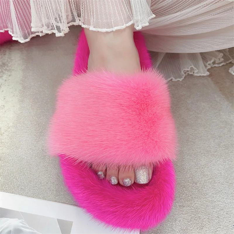 Slippers Ladies Summer Fluffy Mink Fur Slippers 100% Mink Fur Slippers  Ladies Sandals 2021 Home Slippers Girls Outdoor Slippers - AliExpress