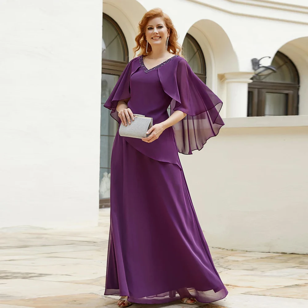 

Elegant Purple Mother of the Bride Dresses V Neck Sleeveless Wedding Party Gowns Beadings Floor Length A-Line فساتين السهرة