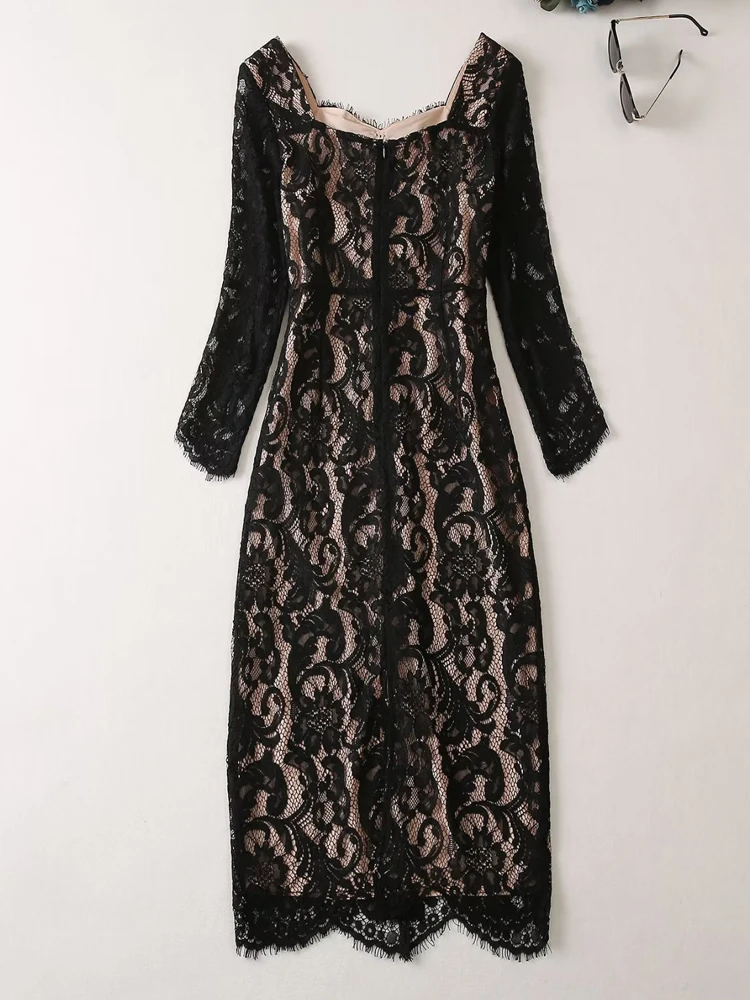 

SEQINYY Black Midi Dress Summer Spring New Fashion Design Women Runway High Street Lace Flower Bow Elegant Casual Slim