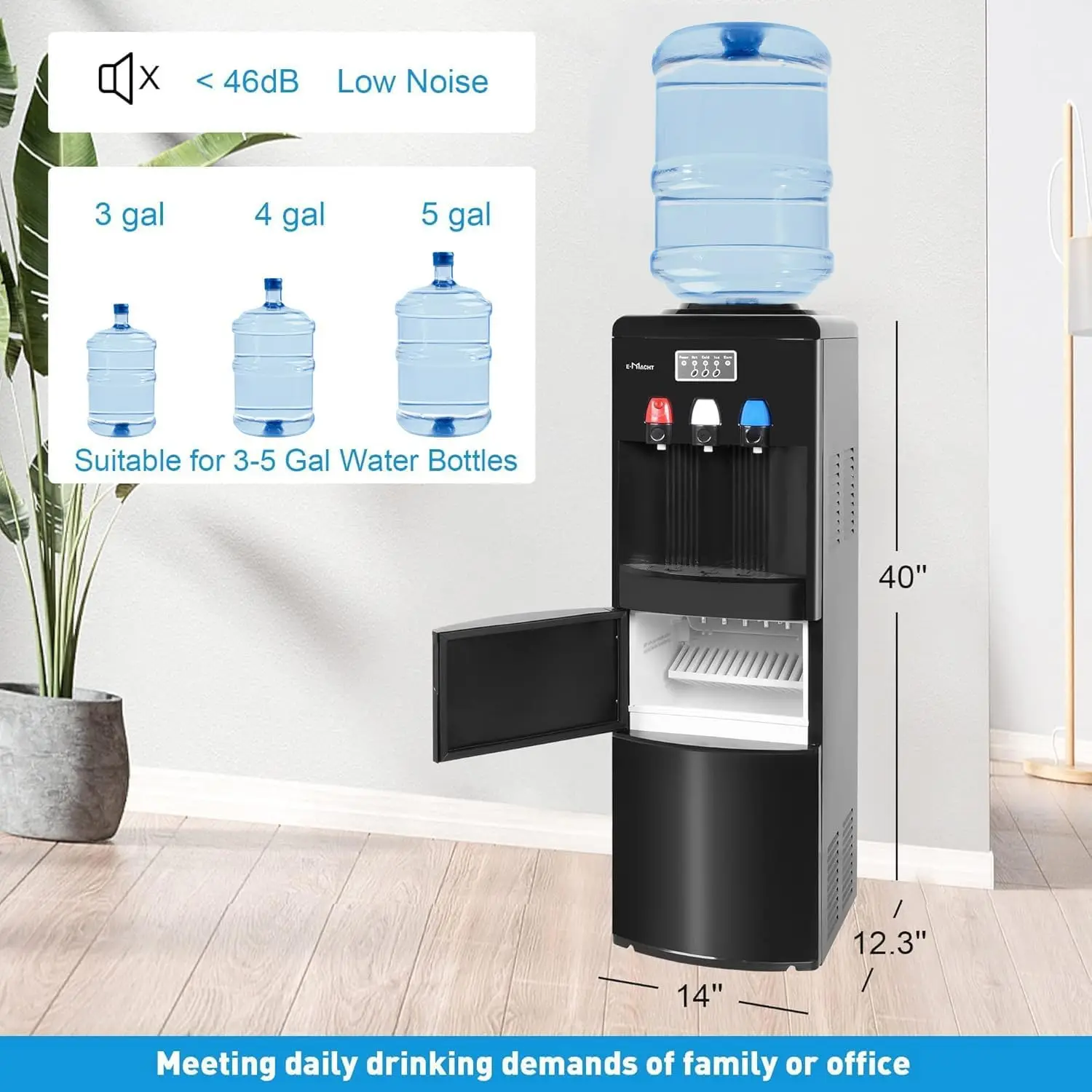 Built-in Ice Maker, Water Cooler Dispenser for 3-5 Gallon Bottle with a Scoop, Ice-Making Chamber, Child Safety Lock (Black) 6