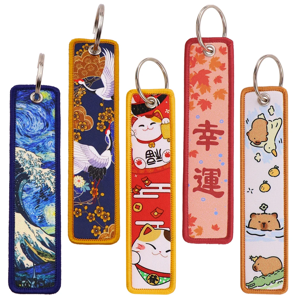 Lucky Cat Embroidered Key Ring Lanyard Tags Key Strap Racing Motorcycle Classic Keychain Accessories 1pcs