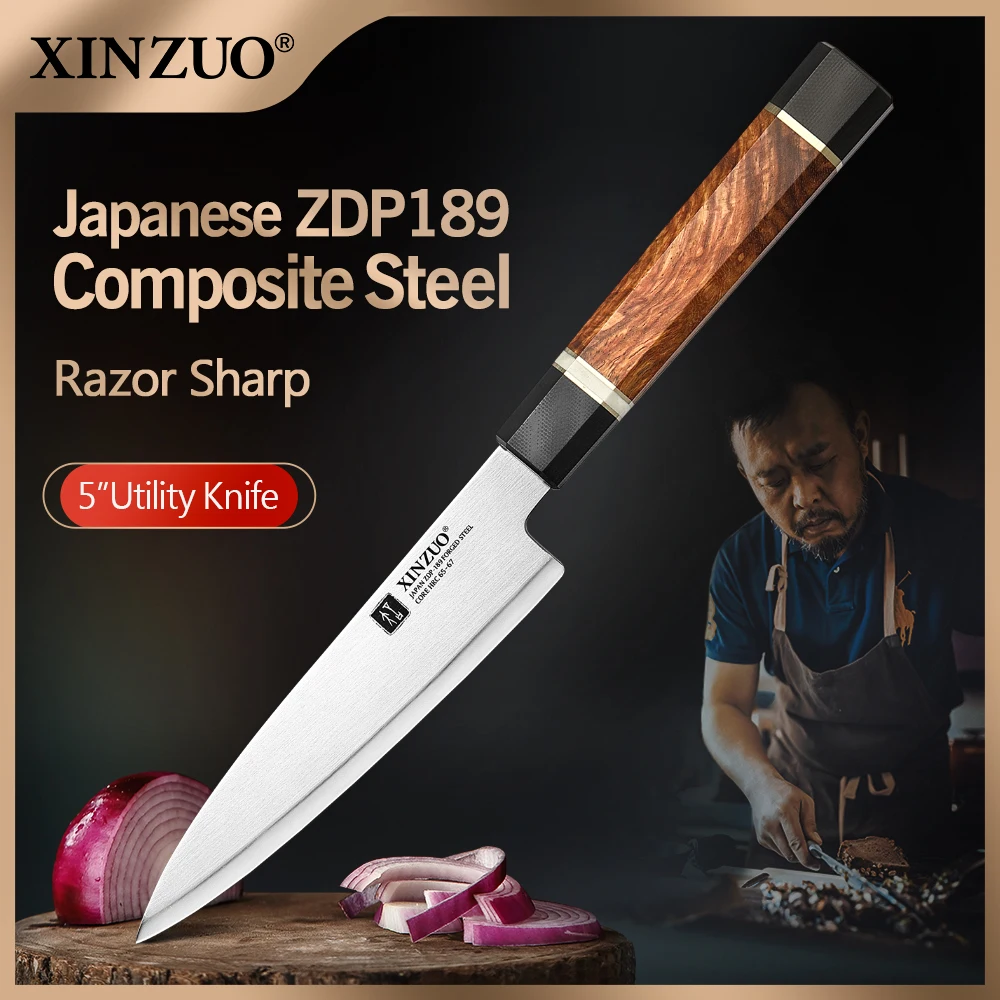 

XINZUO 5" inch Utility Knife High Hardess 65-67 Japanese ZDP189 Composite Power Steel Peeling Fruit Kitchen Knives G10 Handle