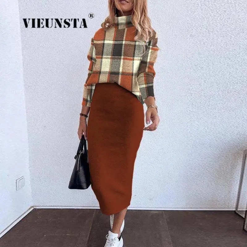 

Skirt Sets Fashion Long Sleeve Plaid Print Turtleneck Pullover Top Versatile Casual Hip Wrap Dress Two Piece Suit Y2k Streetwear