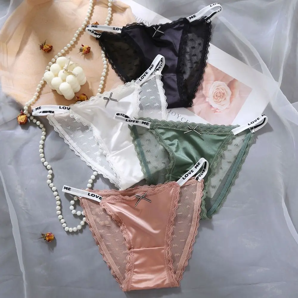 

Solid Color Cotton Crotch Nylon For Girls Letter Strap Female Lingerie Seamless Underpants Low Waist Panties Mesh Brief