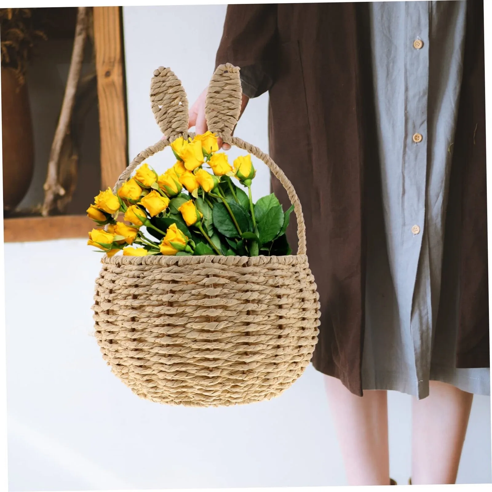 Rabbit Ears Basket Handwoven Round Easter Imitation Rattan Storage Gifts Paper Rope Sundries Holder Flower Basket 5