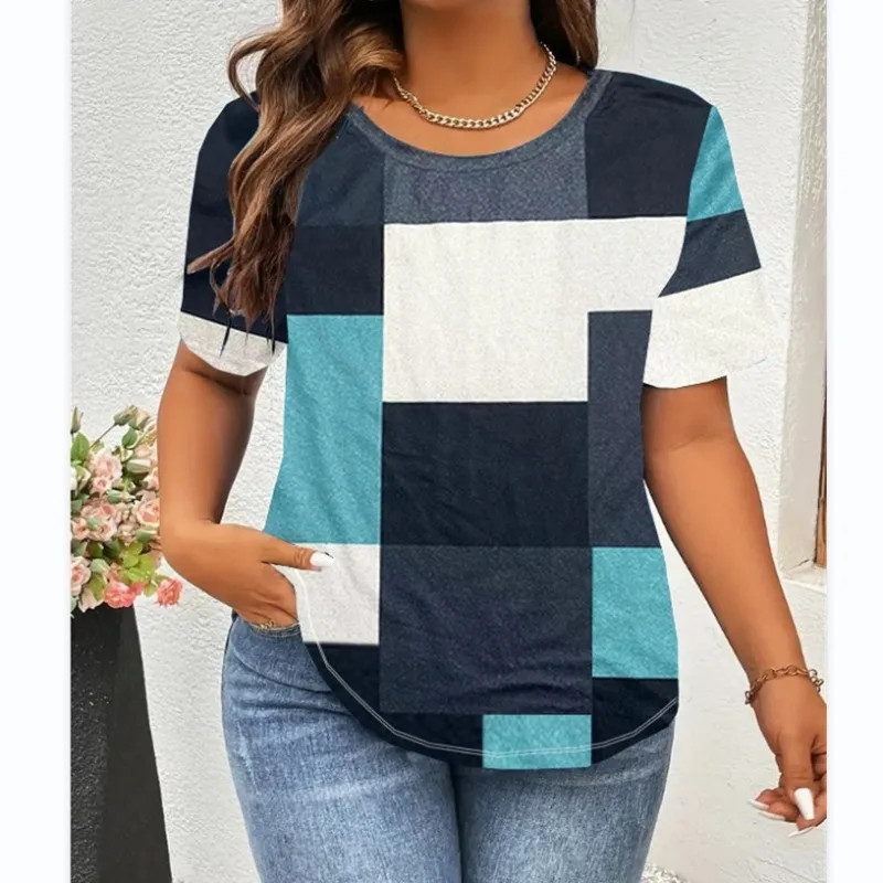 

Summer Women's Pullover Round Neck Geometric Graphic Printing Contrast Striped Short Sleeve T-shirt Fashion Casual Elegant Tops