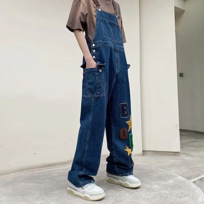 American high street retro embroidered star letters denim overalls for men summer loose and versatile casual jumpsuit trend y2k