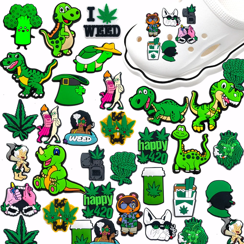 

Hot 1Pcs Weed Shoe Accessories PVC Dinosaur Shoe Charm Green Leaves Sandals Decoration For Fashion Kids Party X-mas Gifts