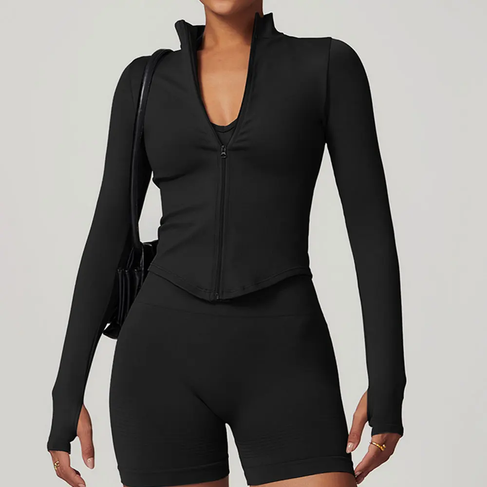 Zipper Jacket Women Crop Tops Yoga T-shirts Solid Sports Top Long Sleeve Running Shirts Sexy Quick Dry Fitness Gym Sport Wear 5