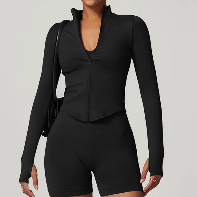 Zipper Jacket Women Crop Tops Yoga T-shirts Solid Sports Top Long Sleeve Running Shirts Sexy Quick Dry Fitness Gym Sport Wear 5