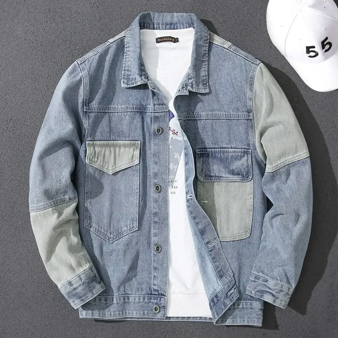 thumbnail image 1 of Chaqueta vaquera azul con botones de empalme para otoño, abrigo vaquero para hombre, ropa de moda G Original de Corea, talla grande, holgada, de lujo, LS, 1 of 5