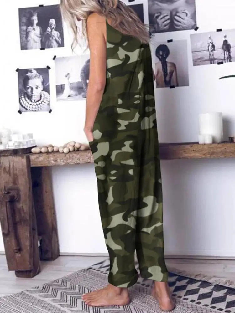 Women Camouflage Printed Jumpsuits Celmia 2023 Summer Spaghetti Strap Casual Loose Drop-Crotch Long Rompers Harem Pants Overalls