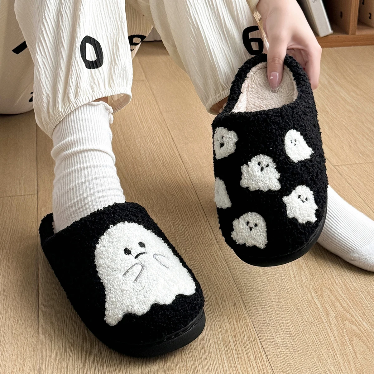 QYCKABY Ghost Design Black Cotton Slippers Non-slip Thick Sole Lightweight stuffed Slippers Unisex Holiday Gift Official-website 4