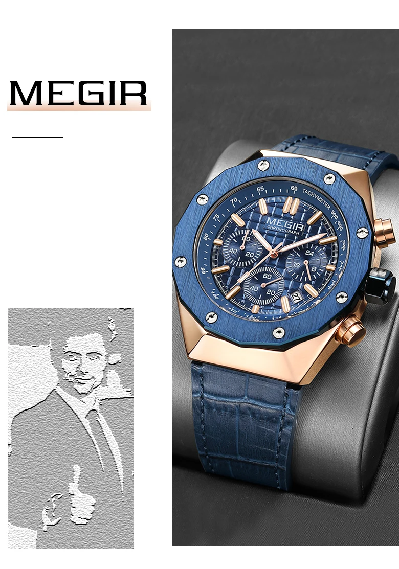 Montre-bracelet à quartz chronographe de luxe pour homme, marque MEGIR, boîtier polygonal, mode décontractée, affaires, cadeau masculin, avec date automatique_voghion.com