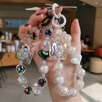 Large Square Crystal Bead Wrist Strap Mobile Phone Strap with Multi Sided Diamond Bead Pendant Phone Anti Drop Clip Style Sling