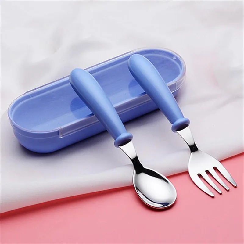 Cute Cartoon Kids Spoon Fork Set Tableware with Box Dessert Spoon for Children Fork Baby Gadgets Feeding Stainless Steel Utensil dinosaur cutlery set for kids Feeding