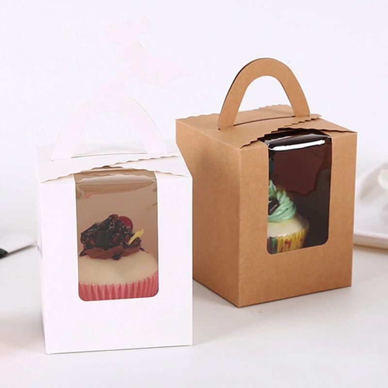 

HOT SALE New Arrival 50Pcs Clear Window Single Cupcake Boxes Muffins Pastries Containers with Handle Wholesale Dropshipping