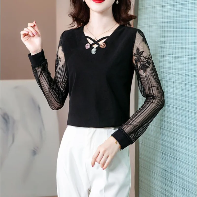 용수철 브이넥 긴팔 통근 풀오버 셔츠, 캐주얼 패션, 트렌디 여성복, 한국 버전, 여름 신상
