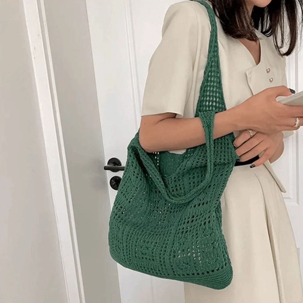 Borsa a Spalla in Maglia Monocolore, Borsa da Spiaggia Intrecciata Vuota, Borsa Shopping Grande Capacità Stile Bohemien per Uso Quotidiano - immagine 3