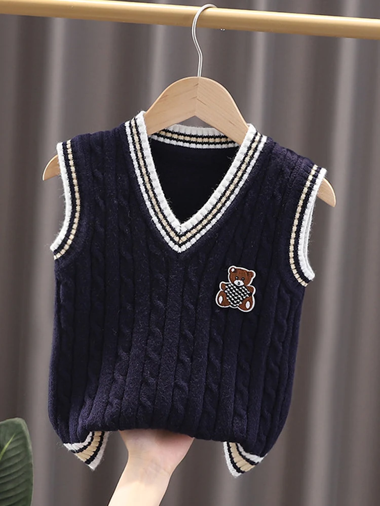 

Boys Clothing Spring Autumn Tops Casual Fashion Knitted Vest Bear Printed Sport Outfits Girls Sleeveless Coat