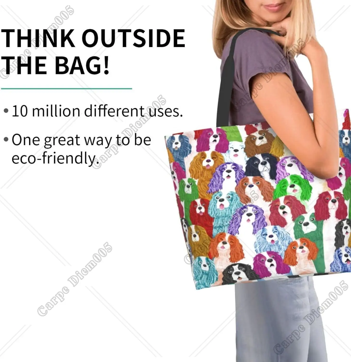 Charming Tie Dye King Charles Spaniel Puppy Tote Bag - Reusable and Colorful Shoulder Bag with Cute Cartoon Design
