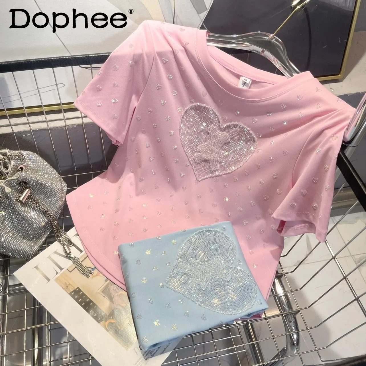 

2023 New Summer Sweet Pink Tshirt Top Female High Quality Love Rhinestone Bear Slim White Short Sleeve T-shirt for Women Tees