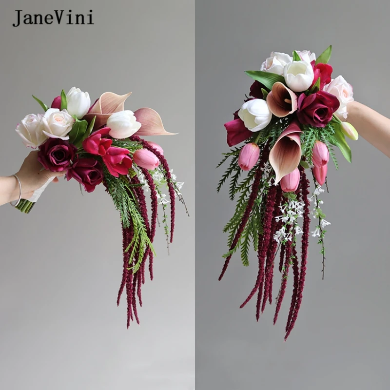 

JaneVini New Pink Tulip Waterfall Bridal Bouquets Artificial Burgundy Silk Roses Flowers Cascading Bouquet Accessories for Bride