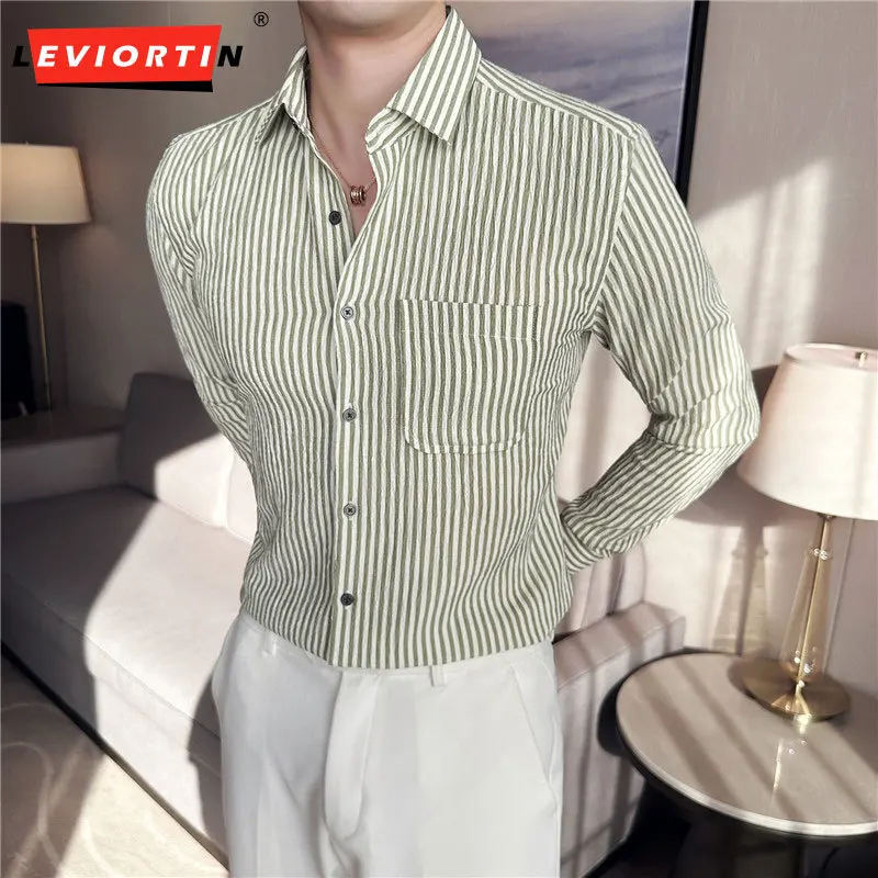 

3Colors Summer Thin Long Sleeve Striped Shirts For Men Clothing 2023 Business Formal Wear Casual Slim Tuxedo Camisas De Hombre