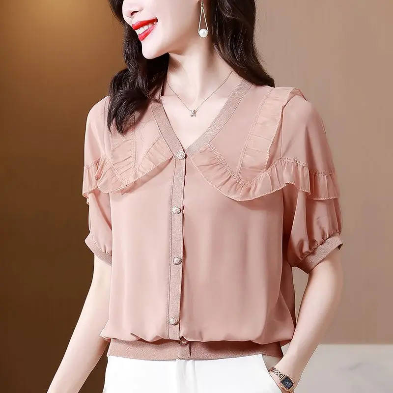 2023 New Summer Fashion Trend Commuter Casual French Sweet V-neck Panel Ruffle Edge Loose Covering Belly Slim Women's Shirt 2023 new summer fashion trend round neck panel contrast colored casual loose comfortable belly covering mid length women s dress