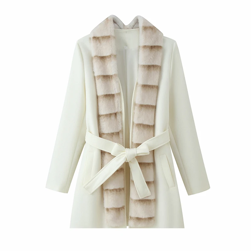 2025 Winter Women Fashion With Faux Fur Collar Coat Woman Elegant Thick Warm Jacket Long Sleeve Belt Casual New Outerwear ﻿ ﻿