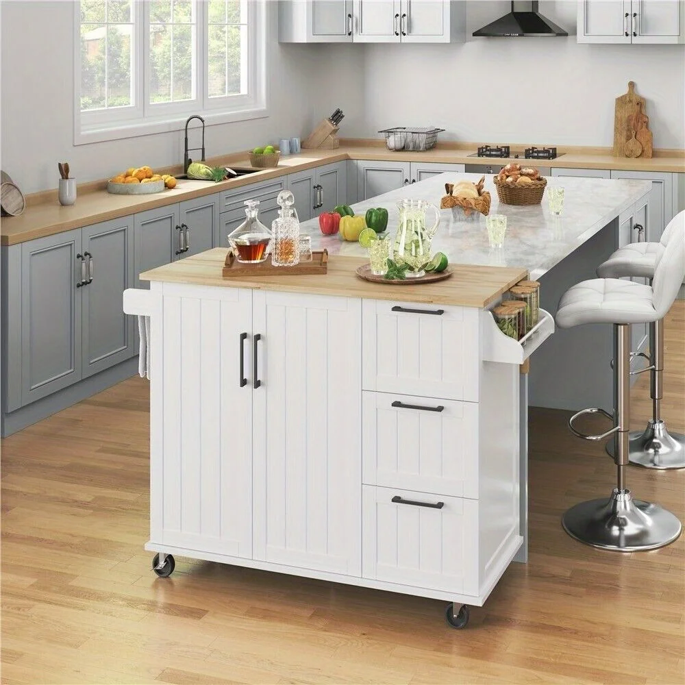 Rolling kitchen with deciduous top, kitchen cart with 3 drawers and cupboards